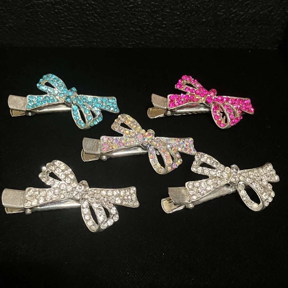 Sparkling Bow Hair Clips - Set of Crystal Accessories (Blue, Pink, White)